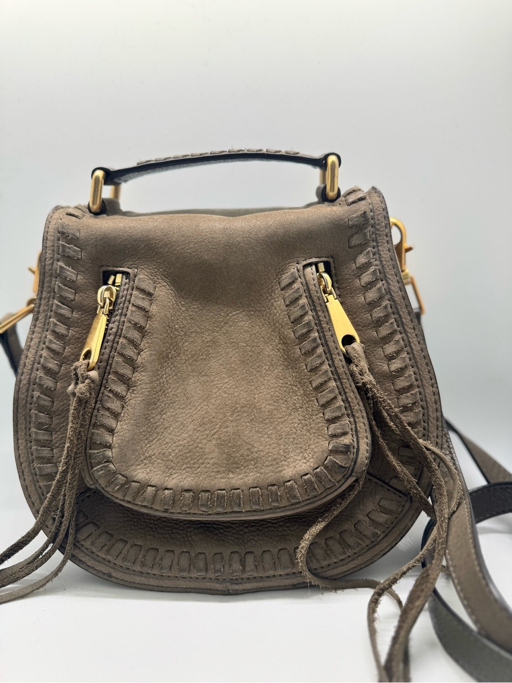 Rebecca Minkoff Taupe Suede Fringe Crossbody with Gold Hardware